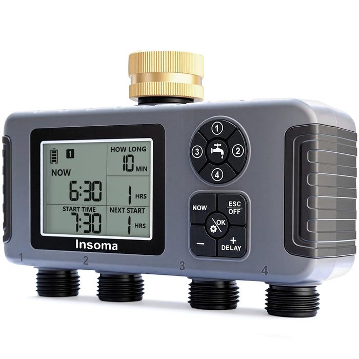 Insoma 4-Zone Water Timer with Brass Inlet, Automatic Garden Hose Timer with Manual/Rain Delay & Large Display, IPX5 Waterproof Faucet Timers for Sprinkler System, Yard, Lawn, Greenhouse