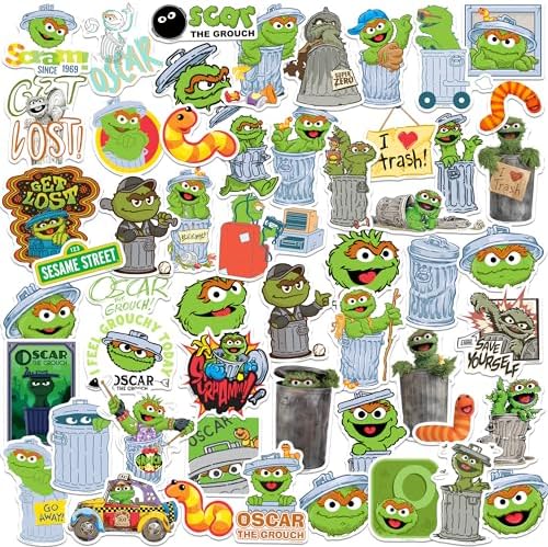 Sesame Street Oscar The Grouch 50ct Vinyl Large Deluxe Stickers Variety Pack - Laptop, Water Bottle, Scrapbooking, Tablet, Skateboard, Indoor/Outdoor