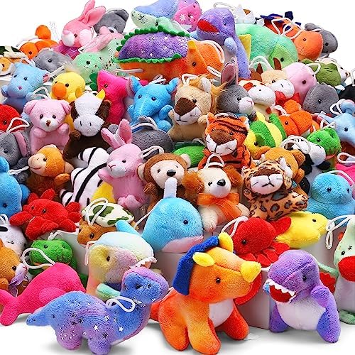 72 Pack Mini Stuffed Animal, Assorted Plush Toy (Dinosaur, Zoo, Ocean), Party Favors for Kid, Perfect for Claw Machine Filler, Goody Bag Stuffers, Keychain, Carnival Prizes, Classroom Reward Gift Bulk