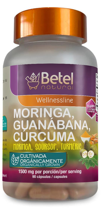 Betel Natural Premium Organic Moringa Guanabana and Curcuma 3 Powerful Superfoods in 1-90 Capsules