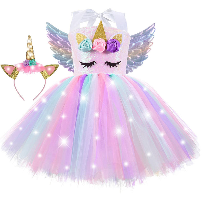 LED Unicorn Dress Sequin Halloween Costumes for Girls Gifts for 5 6 Year Old Birthday Christmas Holloween Party Outfit Light Up Tutu Princess Decorations with Headband and Wings 5t - 6t Pink