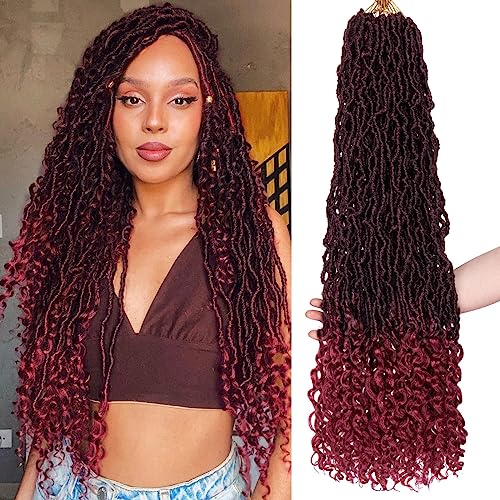 Leeven 30 Inch Ombre Burgundy Goddess Faux Locs Crochet Hair Crochet Soft Locs Hair With Curly Ends 7 Packs Synthetic Bohemian Locs Crochet Braiding Hair for Women TBUG# 12 Strands/Pack