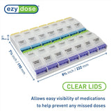 EZY DOSE Weekly (7-Day) Pill Case, Medicine Planner, Vitamin Organizer Box, 4 Times a Day, X-Large Push-Button Compartments, Convenient and Easy to Use, White and Clear Lids, BPA Free