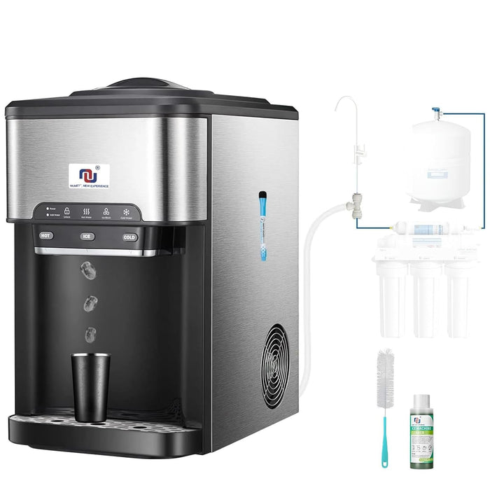 NUNET 3-in-1 Ice Maker Water Dispenser Water Cooler Filled by Water Line w. 10ft Water Inlet Hose 1/2" &1/4" Connector Hot/Cold Water Ready Makes 44 lbs Ice Daily Stores 4lb Ice