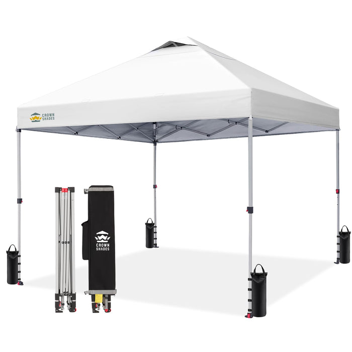 CROWN SHADES 10x10 Pop Up Canopy, Patented Center Lock One Push Tent Canopy, Newly Designed Storage Bag, 8 Stakes, 4 Ropes (10x10, White)