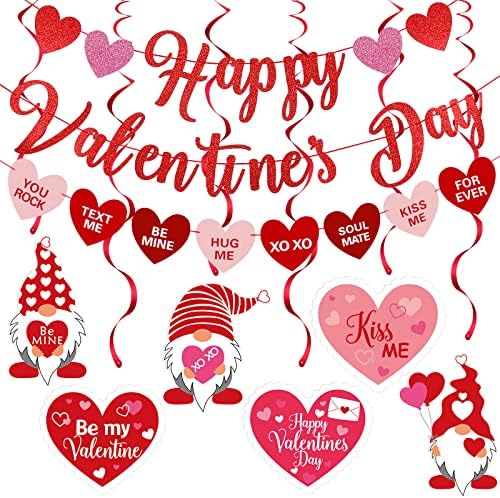 Red Happy Valentines Day Banner and Valentines Hanging Heart Swirls Decorations Valentines Day Heart Banner for Happy Valentines Day Decorations Valentines Hanging Decorations