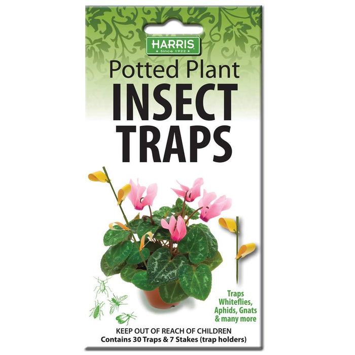 Harris Potted Plant Insect Traps for Gnats, Aphids, Whiteflies and More (30 Traps, 7 Stakes)