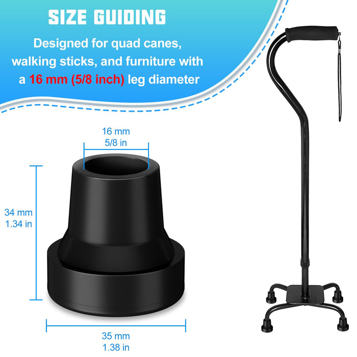 supregear Quad Cane Tips (Set of 4), 5/8 Inch Heavy Duty Rubber Foot, Sturdy Replacement for Walking and Standing Stick, Durable Accessories End for Women, Men, Seniors, Elderly, Black