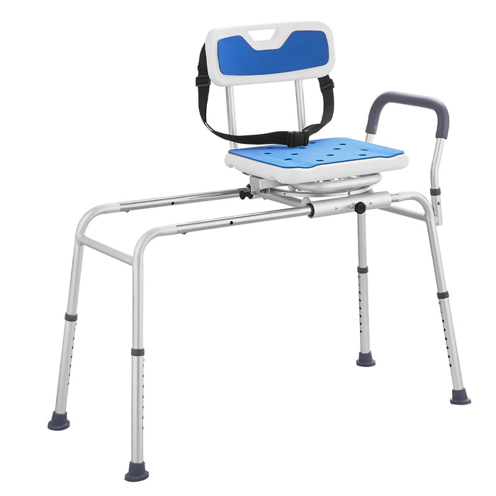 VEVOR Sliding Tub Transfer Bench with 360 Degree Swivel Seat, Height Adjustable Bathtub Transfer Bench with Armrest & Safety Belt, Non-Slip Rotating Shower Chair for Elderly Disabled, 400LBS Capacity