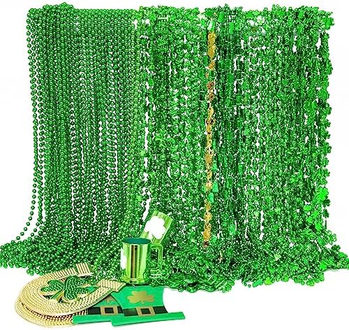 96PCS St. Patricks Day Necklace, 10 Kinds of St Patricks Beads Accessories, Metallic Irish Shamrock Beer Mug Coins Pendants Beads, Adult St Patricks Necklaces Bulk for Parade Party Supplies Favors