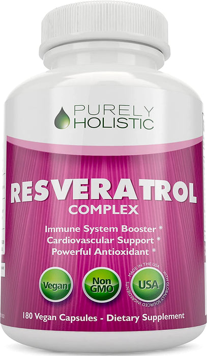 Purely Holistic Resveratrol 1450mg, 90 Servings, Trans-Resveratrol Antioxidant Supplement with Vitamin C and Polyphenol Complex, 180 Vegan Capsules, Promotes Anti Aging & Cardiovascular Health