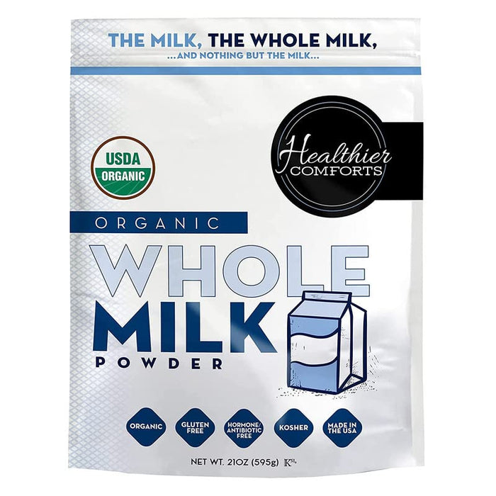 Healthier Comforts Organic Whole Milk Powder | Certified USDA Organic Powdered Milk | Kosher, Gluten Free, Non-GMO Dry Milk Powder Whole Milk | Dried Milk w/ Resealable Packaging, Shelf Stable Milk 21oz