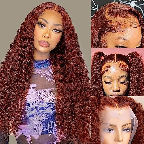 Reddish Brown Lace Front Wigs Human Hair 13x4 Reddish Brown Deep Wave Lace Front Wigs Human Hair for Women Reddish brown Curly Human Hair Wigs Pre Plucked With Baby Hair 180% Density 24inch
