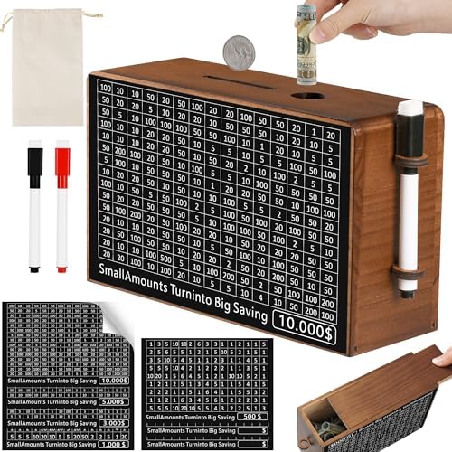Wooden Money Saving Box, Cash Savings Box for $10000 $5000 $3000 $1000$500Target Money Saving Challenge, Reusable Cash Vault Bank with Dry Erase Pen/Savings Trackers/Storage Bag(Brown)