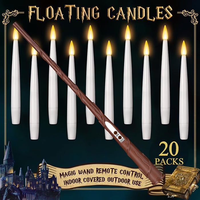 TLPUHU Floating Candles with Wand 20PCs - Halloween Decorations, Magic Hanging Candles with String Flickering Warm Light LED Flameless Candles with Remote for Window Home Bedroom Birthday Party Decor