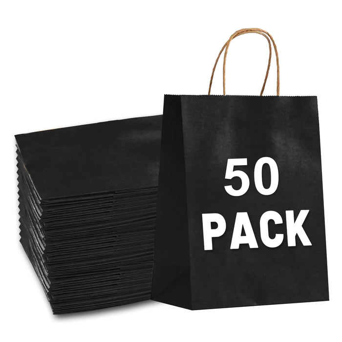 Gift Bags 8.25"x5.9 "x3.15" 50Pcs Paper Bags with Handles,kraft paper Bags for Small Business Christmas Bulk Bags, Wedding Party Favor Bags,Shopping Lunch Bags, Halloween Trick-or-Treat Bags (Black)