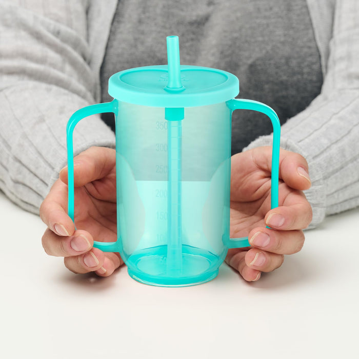 Sliner 1 Pcs Adult Sippy Cups for Elderly, Plastic Spill Proof Cups with 2 Handles Straw and Lid Elderly Drinking Cups for Adults Hospital Disabled Handicapped Patients, 12 oz