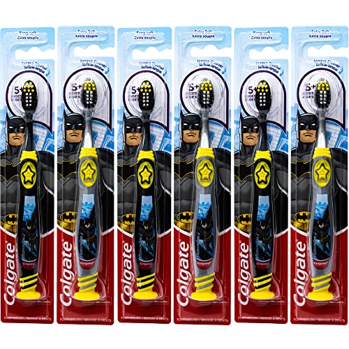 Colgate Batman Toothbrush for Children with Suction Cup, Kids 5+ Years Old, Extra Soft (Colors Vary) - Pack of 6