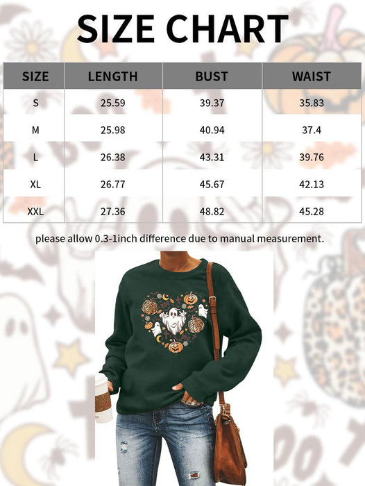 DUTUT Halloween Sweatshirts Women Spooky Season Sweatshirt Cute Doodles Ghost Graphic Shirt Casual Heart Fall Pullover Top