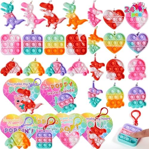 JOYIN 24 Pcs Valentines Day Gifts for Kids Fidget Keychains with Valentine Heart Boxes, Fidget Bubble Stress Relief Toys for Kids Valentine Classroom Exchange, Party Favors, Gift Exchange