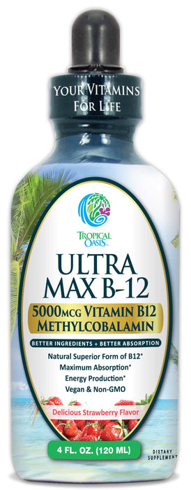 ULTRA MAX B12 | Max Potency 5000mcg Vitamin B12 Sublingual Liquid Drops | Methyl B12 (Methylcobalamin) | Max 98% Absorption Rate | Increase Energy & Metabolism*| Vegan, Non-GMO, Strawberry flavor -4oz