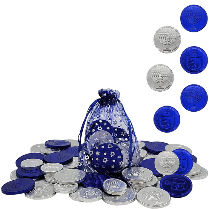 The Dreidel Company Milk Chocolate Coins in Hanukkah Gift Bag, Gelt, Made with Nut-Free Premium Belgian Chocolate, 15 Coins in each Bag, Blue & Silver Nut-free, Single-Bag
