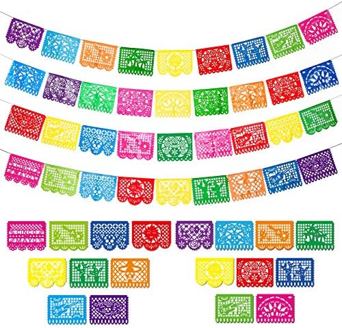 4 Packs Mexican Party Banner 60 Feet Fiesta Plastic Papel Picado Banner Cinco de Mayo Dia De Los Muertos Decor Day of The Dead Decorations Mexican Fiesta Themed Party Decorations Supplies