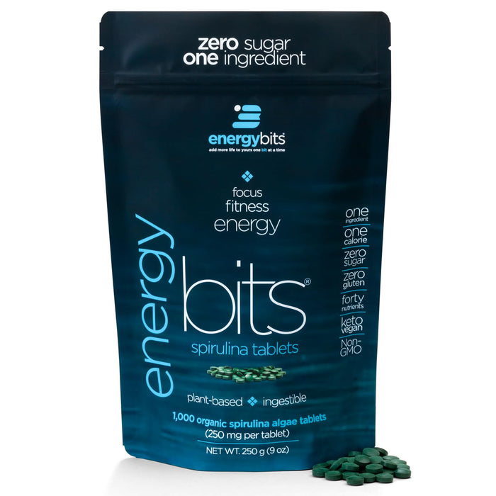 ENERGYBITS - Organic Spirulina Tablets - Plant-Based Algae Superfood - for Focus, Fitness, Energy - Plant Protein - Gluten Free - Collagen, Vitamin B12, Omega 3 - Keto & Vegan - 1000 Algae Tablets