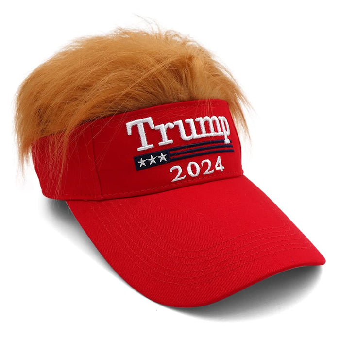 Trump Hat with Hair Trump 2024 MAGA Hat Donald Trump Hair Wig Visor Red Hat Embroidered Ultra MAGA Adjustable Baseball Cap