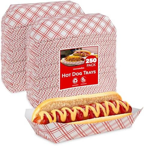 Checkered Hot Dog Trays (250 Pack) - Retro Red & White Checked Food Boats for Hot Dogs Grease Resistant Checkered Trays - Recyclable & Disposable Paperboard Trays for Hot Dogs - Stock Your Home