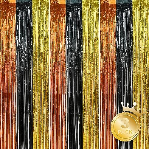 BEISHIDA 3 Pack Tinsel Curtain Party Streamers Backdrop Halloween, Fringe Foil Curtain Backdrop Curtain Door Streamers for Party Decoration, Orange Black Yellow (3.28 ft x 6.56 ft)