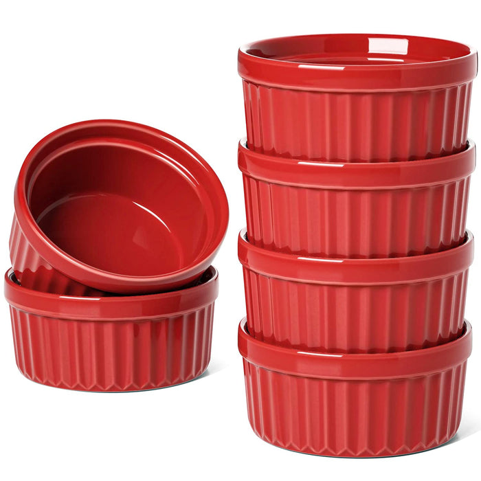 LE TAUCI Ramekins 4 OZ Oven Safe, Creme Brulee Ramekins, Pudding Custard Cups Souffle Ramiken, Dipping Sauce Dishes, Ceramic Ramekin Bowls Set of 6, True Red