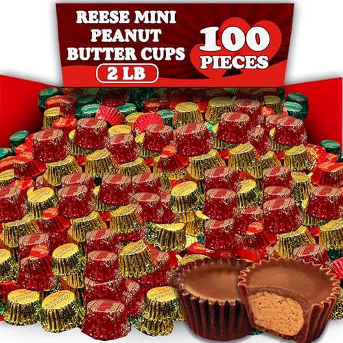 ReesePeanut Butter Cup Candy, Bulk 2 Lbs, Miniature Peanut Butter Cups In Red, Green and Gold Wrap, Individually Wrapped Milk Chocolate Peanut Butter Cups in Bulk, Gluten Free Chocolate, for Kids, Party Favors, Appx 100 Pieces