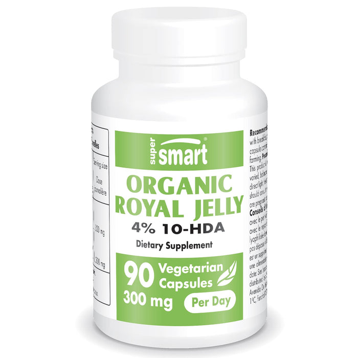 Supersmart - Organic Royal Jelly 300mg per Day (High Strength 4% 10-HDA) - Freeze-Dried Fresh Royal Jelly Supplement | Non-GMO & Gluten Free - 90 Vegetarian Capsules
