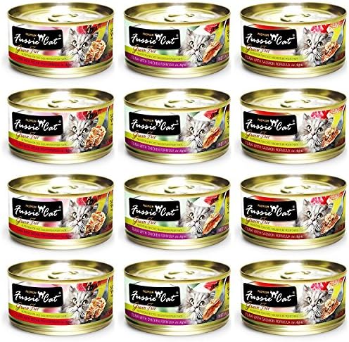 Fussie Cat Premium Grain Free Canned Cat Food 3 Flavor Variety: (4) Tuna with Chicken, (4) Tuna with Salmon and (4) Ocean Fish, 2.82 Oz Each (12 Cans Total)