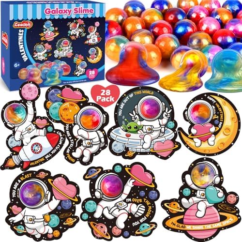 28 Pack Valentines Day Gifts for Kids, Galaxy Slime with Greeting Cards Stress Relief Fidget Set for Kids, Valentine's Day Classroom Exchange Prizes Valentine School Party Favor Gifts