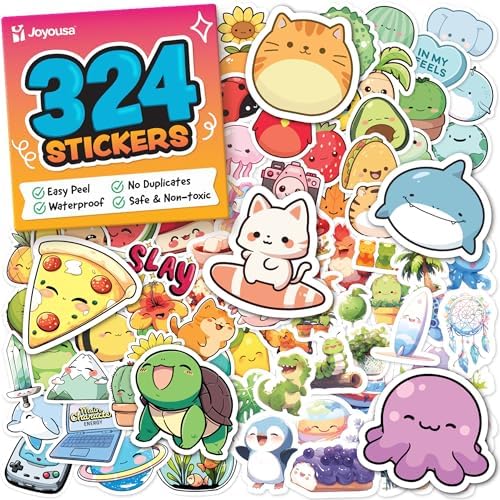 Cute Stickers for Kids - Kawaii Water Bottle Stickers for Teens - 324pc Sticker Pack - Waterproof Vinyl Stickers for Water Bottles, Scrapbook, Laptops, Etc.