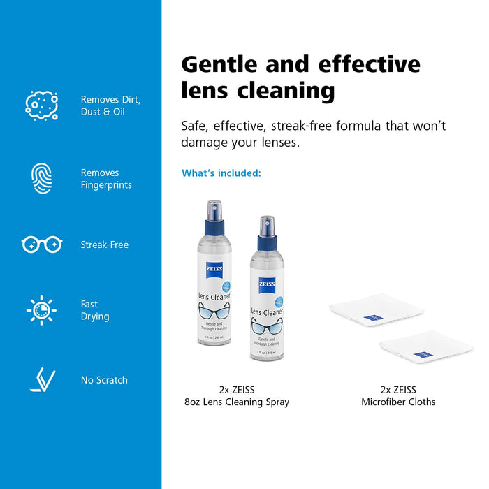 ZEISS Lens Care Pack - 2-8 Ounce Bottles of Lens Spray, 2 Microfiber Cleaning Cloths