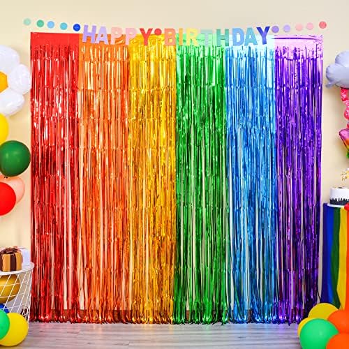LOLStar Rainbow Photo Booth Props 4 Packs Rainbow Party Decorations 13.2x6.6 ft Foil Fringe Curtains Tinsel Metallic Streamers Holiday Backdrop for Birthday Wedding Engagement Bridal Shower Unicorn