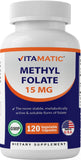 Vitamatic Methyl Folate 15mg - 120 Vegetable Capsules - Optimized and Activated High Potency - Metabolically Active Folate