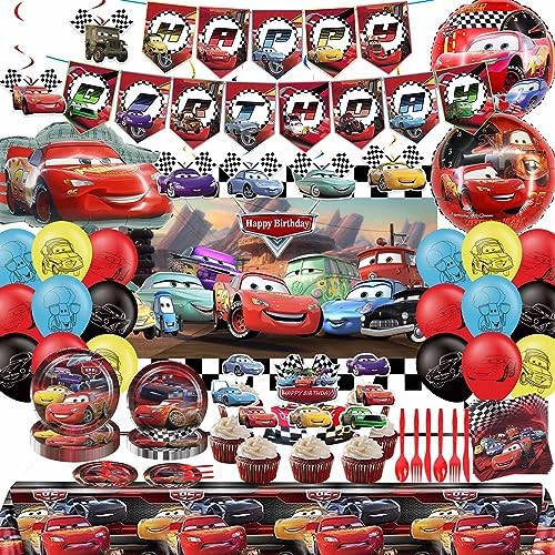 Cars Birthday Party Supplies, Cars Party Decorations Include Banner, Foil Balloons, Tablecloth, Plates, Backdrop and Forks for Kids