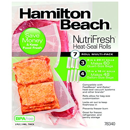 Hamilton Beach Vacuum Sealer, Combo-Pack with (3-Pack) 8 in x 20 ft & (4-Pack) 11 in x 16 ft Bags for NutriFresh, FoodSaver & Other Heat-Seal Systems (78340)