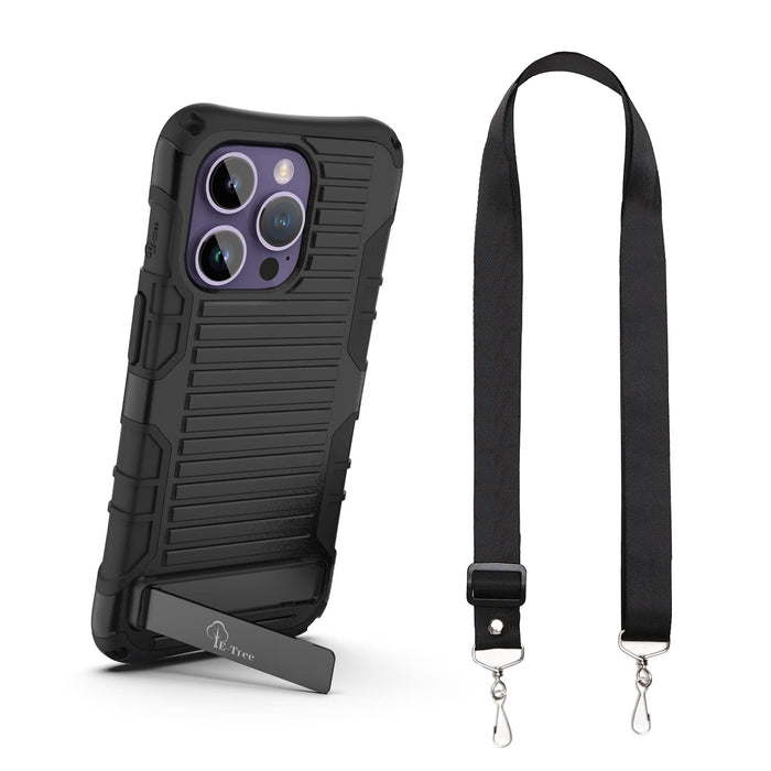 E-Tree Compatible with iPhone 14 Pro Case 6.1 inch, with Crossbody Strap and Stand, Protection Shockproof Hard Phone Case Black, Perfect for Go Outside and Kid Elderly