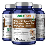 NusaPure Organic Mushroom Complex 10,000mg per Capsule, 180 Veggie Caps, Non-GMO, Enoki, Turkey Tail, Reishi, Chaga, Maitake