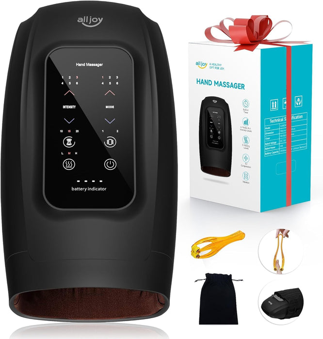 ALLJOY Hand Massager for Arthritis and Carpal Tunnel Relief, Touchscreen Cordless Hand Massager with Vibration and Heat, 6 Levels Pressure Point Therapy, Ideal Gifts for Women Men Mom Dad (Black)