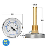 MEANLIN MEASURE 1/2" NPT Bimetal Thermometer for Hot Water, Boilers and Pipes, 3" Dial, 4" Lead-Free Brass Stem, Temperature Range 0-250°F/-20-120°C, Accuracy 2%, Center Back Mount