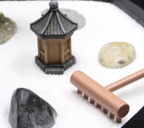 Nature's Mark Mini Zen Garden Kit for Desk with Rake, White Sand, Miniature Pagoda Figure, Black Hexagon Base, River Rocks, Miniature Succulent