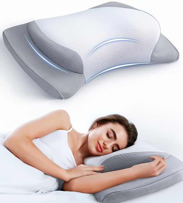 Gadole 8X Support Side Sleeping Pillow for Neck Pain Relief, Adjustable Cervical Fit Shoulder Perfectly, Ergonomic Contour Memory Foam Pillows with Armrest Area, Bed Back Stomach Grey Queen