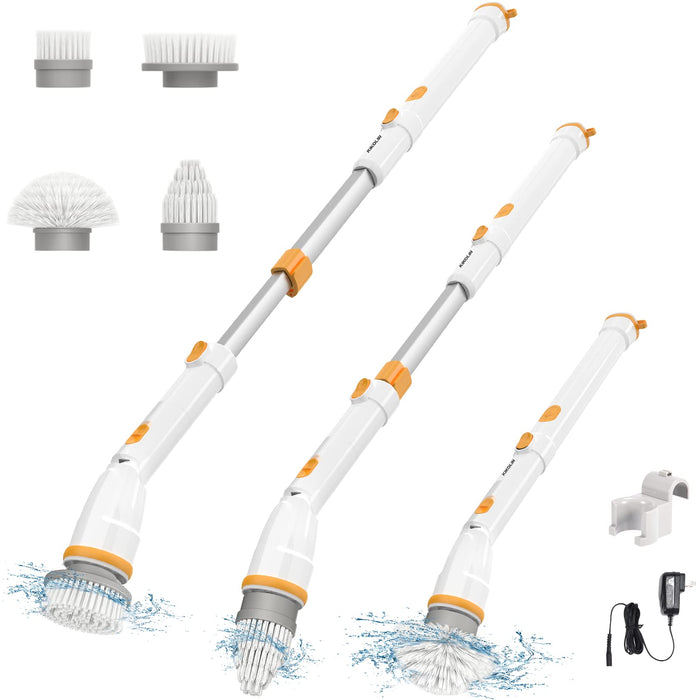 Electric Spin Scrubber, KIKOLIN 380RPM High Speed Power Scrubber, Cordless Cleaning Brush 2 Speeds for Bathroom, Tub, Shower, Floor with 4 Replaceable Brush Heads and Adjustable Extension Long Handle