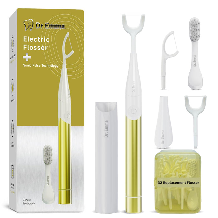 Dr. Emma Electric Vibration Flosser, Power Flosser for Adults, Gum Stimulator, Teeth Cleaner, Reusable Flossing Tool with Toothbrush, Water Flosser Alternative, Yellow